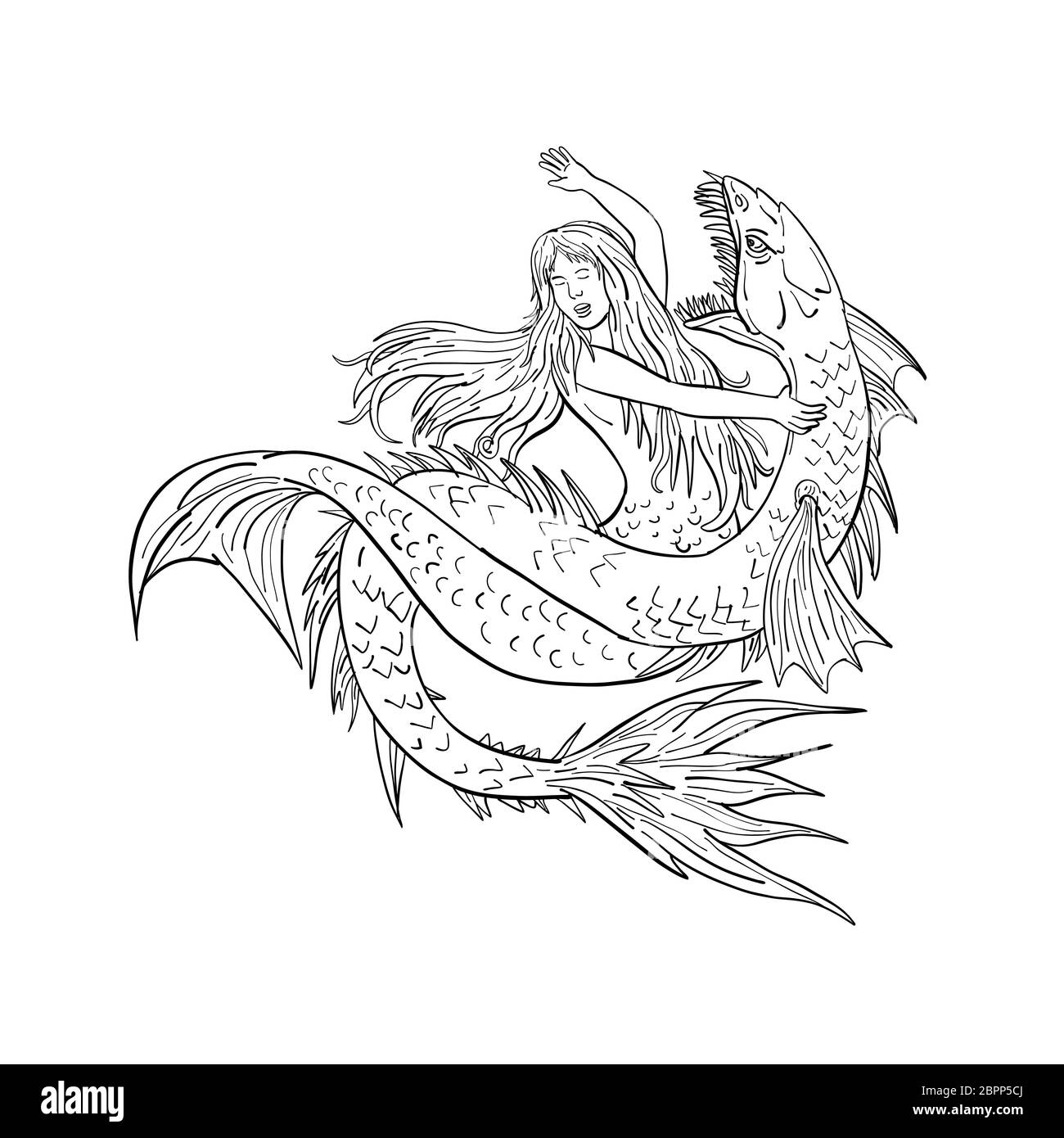 Croquis dessin illustration d'un style ou une sirène siren combats ou aux prises avec un serpent de mer ou monstre isolé sur fond blanc dans un noir Banque D'Images