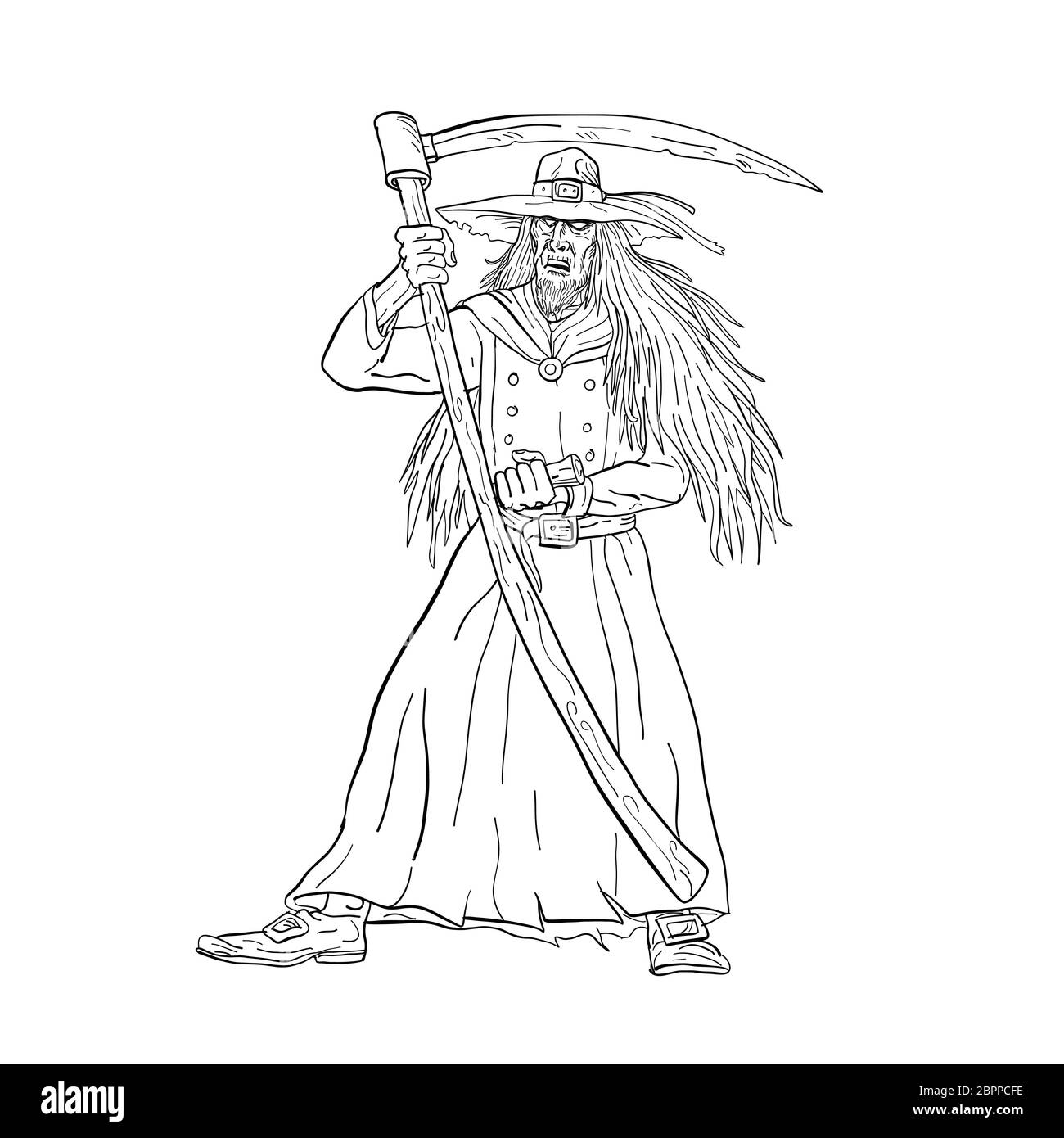 Croquis dessin illustration style de l'Ankou, homme de main de la mort, gardien des âmes perdues et cimetière watcher dans la mythologie bretonne avec scythe comme Grim Ri Banque D'Images