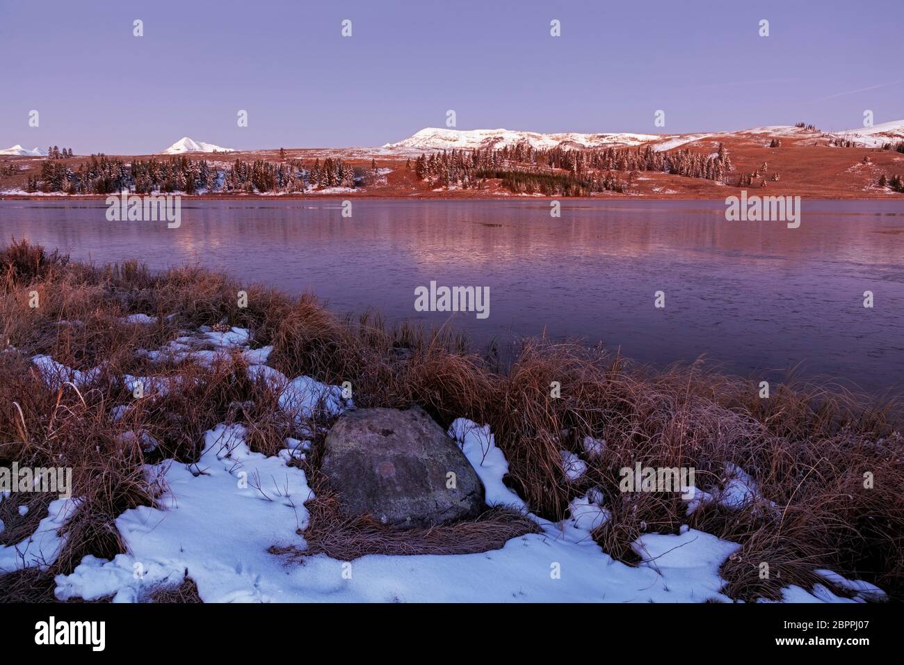 WY04438-00....WYOMING - lever du soleil d'automne au lac des cygnes semi-gelé situé dans la prairie ouverte des Flats du lac des cygnes dans le parc national de Yellowstone. Banque D'Images