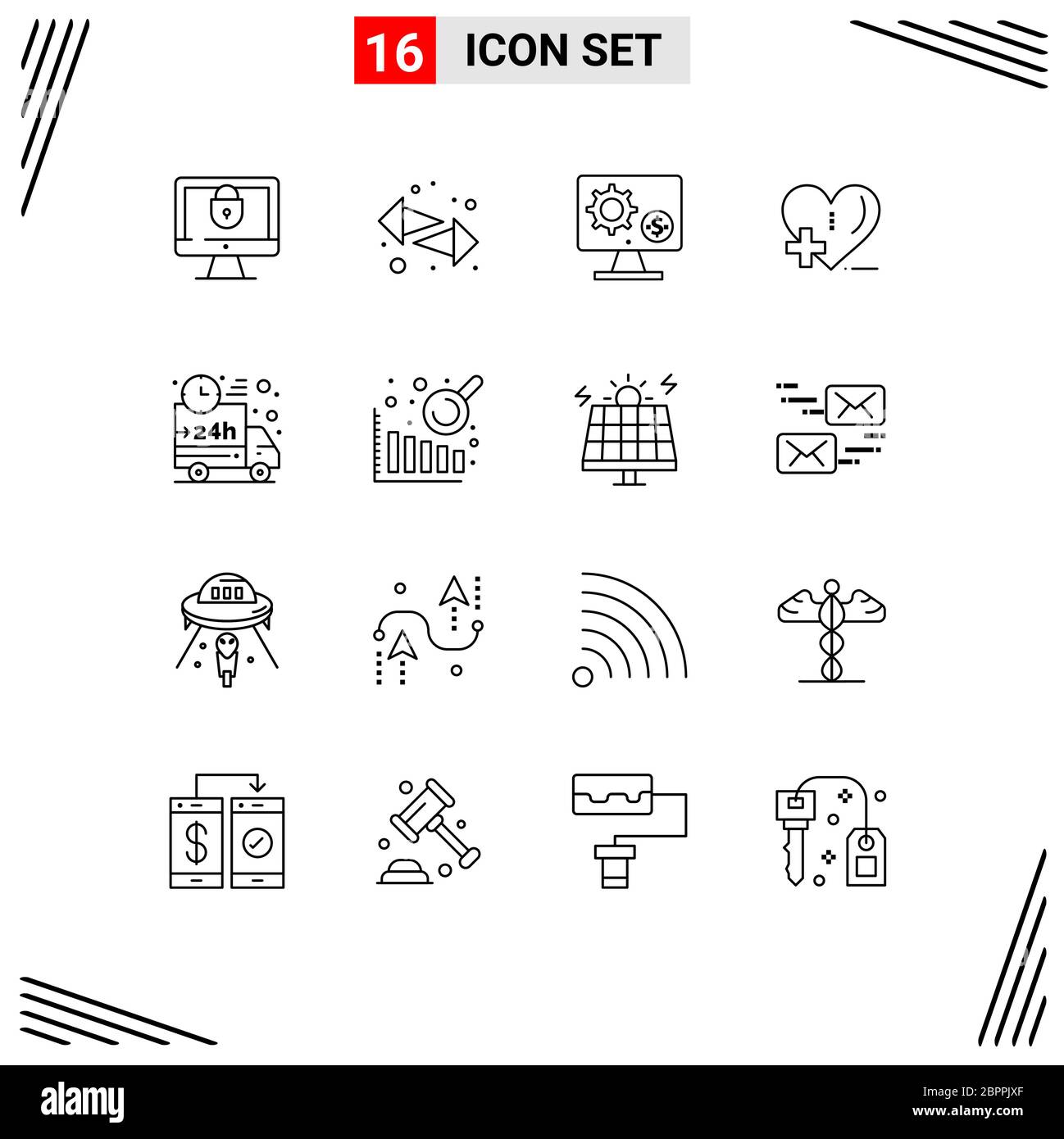 Pack d'icônes vectorielles de stock de 16 symboles et signes de ligne pour les soins cardiaques, les soins de santé, le générateur, l'amour, l'engrenage éléments de conception vectorielle modifiables Illustration de Vecteur