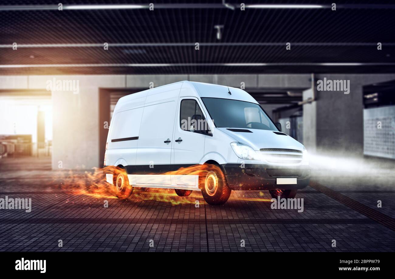 Super livraison rapide de package service avec van avec roues en feu. Banque D'Images