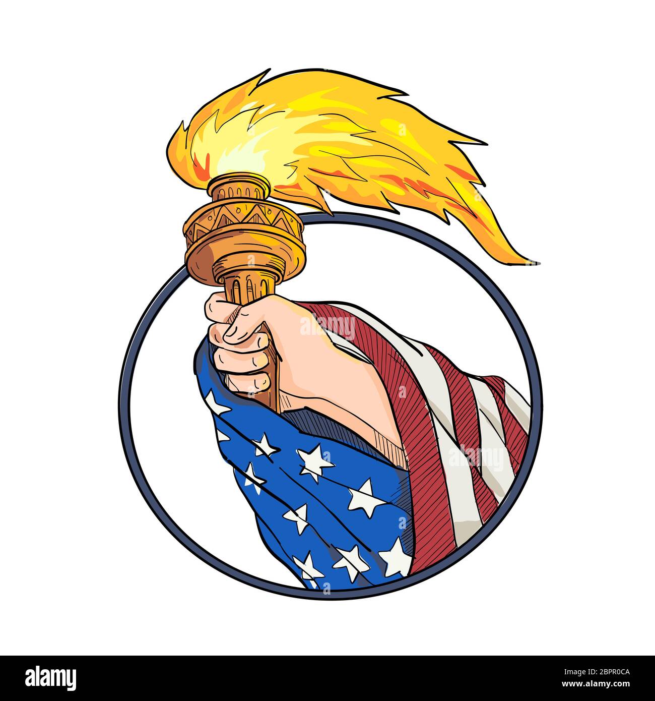 Croquis dessin illustration de style d'une main tenant une torche avec Statue de la liberté USA Américain stars and stripes drapée du drapeau sur le bras situé à l'intérieur o ovale Banque D'Images