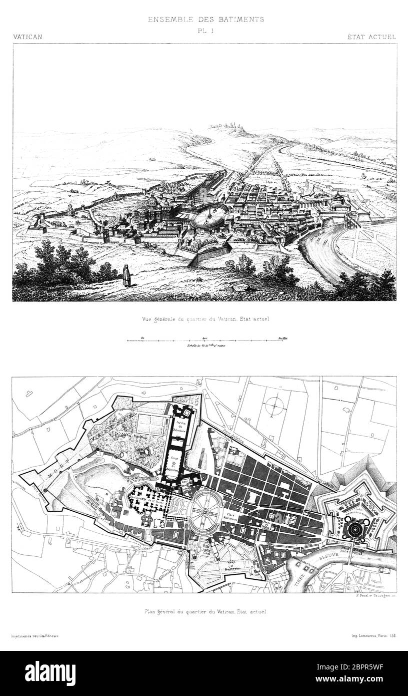 Rome, le Vatican: Vue générale et plan du quartier du Vatican, statut actuel 1882, du Vatican 1882. Banque D'Images