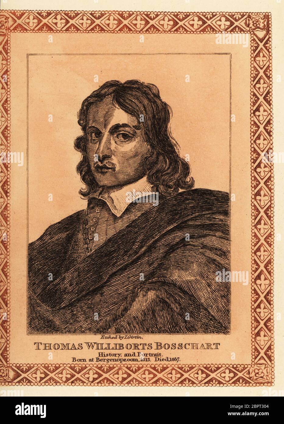 Portrait de Thomas WilliboJupes Bosschaert, peintre baroque flamand d'origine néerlandaise 1613-1654. Thomas Williborts Bosschart, Histoire et Portrait, né à Bergenopzoom en 1613, décédé en 1667. Gravure teintée dans une bordure décorative par James Girtin après un autoportrait de Bosschaert, tiré des soixante-dix-cinq portraits de James Girtin de peintres célèbres d’originaux authentiques, J. m’Creery, Londres, 1817. Banque D'Images