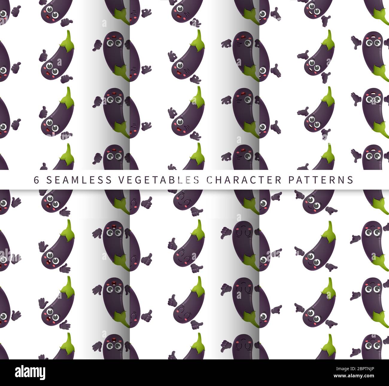 Ensemble de motifs vectoriels sans couture avec de jolis personnages de légumes d'aubergine cartoonés isolés sur fond blanc Illustration de Vecteur