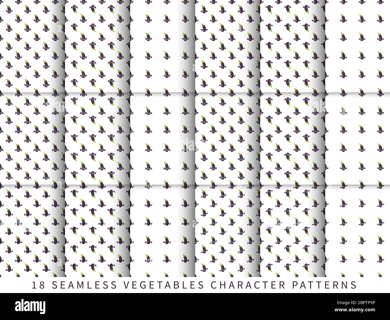 Ensemble de motifs vectoriels sans couture avec de jolis personnages de légumes d'aubergine cartoonés isolés sur fond blanc Illustration de Vecteur