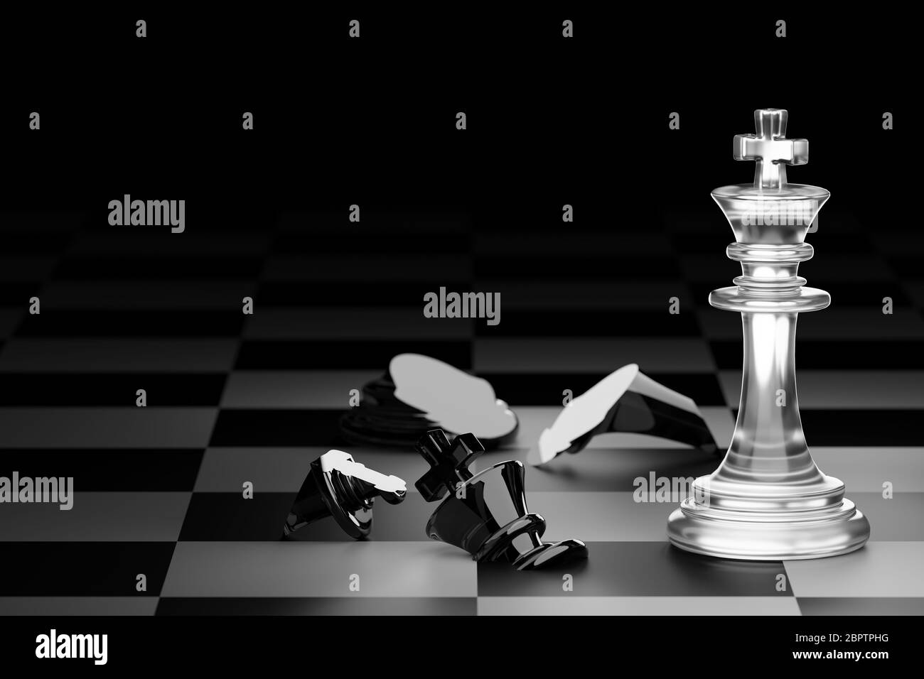 Roi d'échecs blancs clairs a fait le chéquier roi d'échecs noirs sur fond noir foncé. Concept de la planification stratégique du leadership pour la victoire Banque D'Images