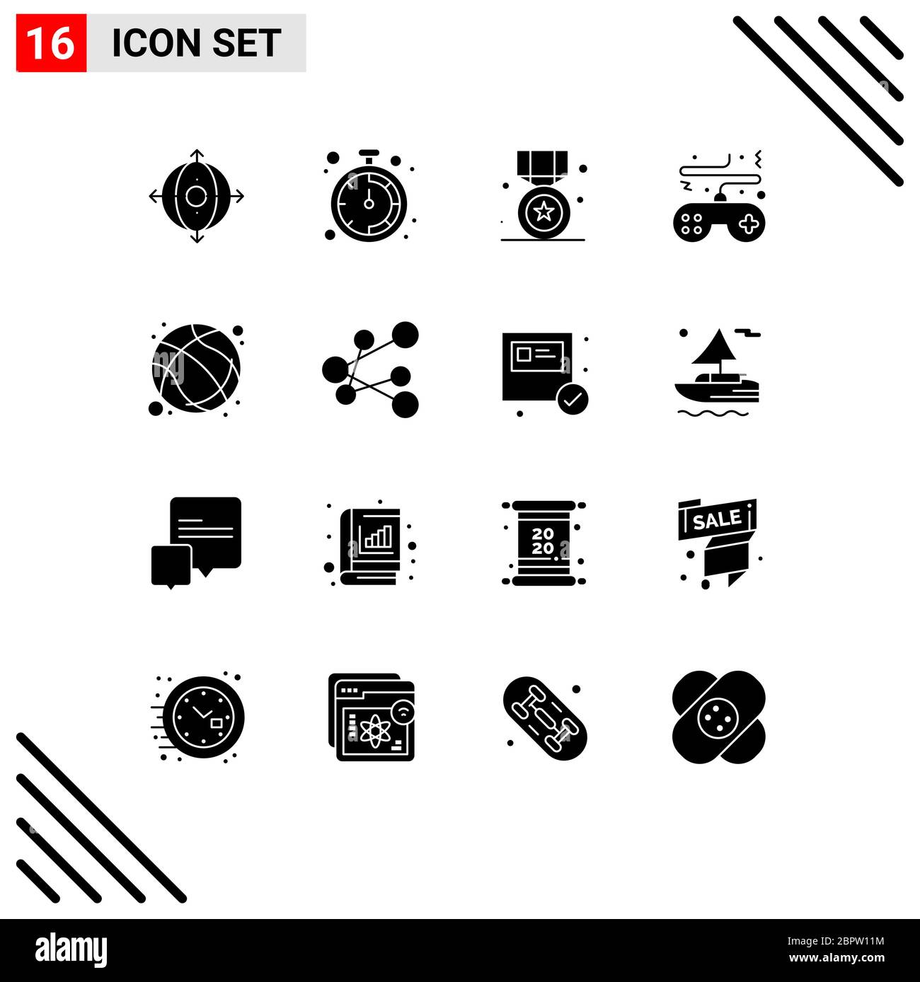 Ensemble de 16 glyphes volumiques vectoriels sur grille pour balle, contrôleur, étoile, console, éléments de conception vectoriels modifiables Illustration de Vecteur