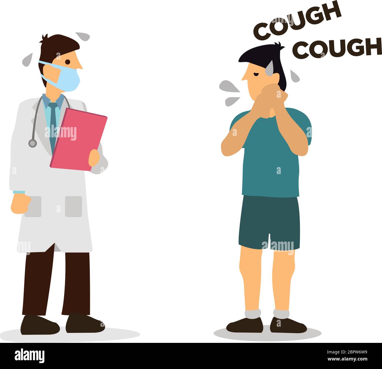 Le médecin a peur d'un patient qui tousse. Concept de l'éclosion ou de la pandémie de coronavirus. Illustration vectorielle. Illustration de Vecteur