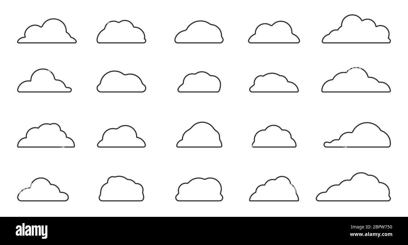 Ensemble d'icônes météo de type nuage fin et ligne noire. Modèle de bordure vide abstrait pour le texte. Élément de conception du climat, de l'atmosphère. Symbole de service Web simple et nuageux isolé sur l'illustration vectorielle blanche Illustration de Vecteur
