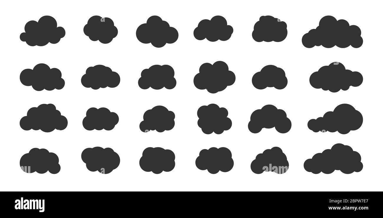 Ensemble de nuages abstraits noirs. Icône météo nuage de forme différente. Bulles de parole amusantes, modèle de bulle de glyphe vide pour le texte. Symbole de service web nuageux de l'élément de conception. Isolé sur une illustration vectorielle blanche Illustration de Vecteur