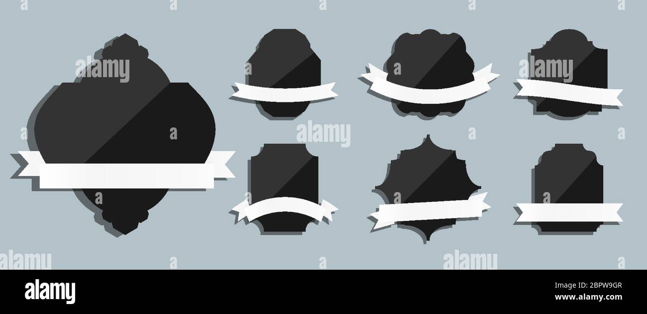 Étiquettes noires brillantes avec rubans blancs rétro vintage ensemble. Prix de vente de menu de bordure vide de forme différente. Modèle pour bannière de texte avec points et ombres. Décoration de luxe moderne. Illustration vectorielle Illustration de Vecteur
