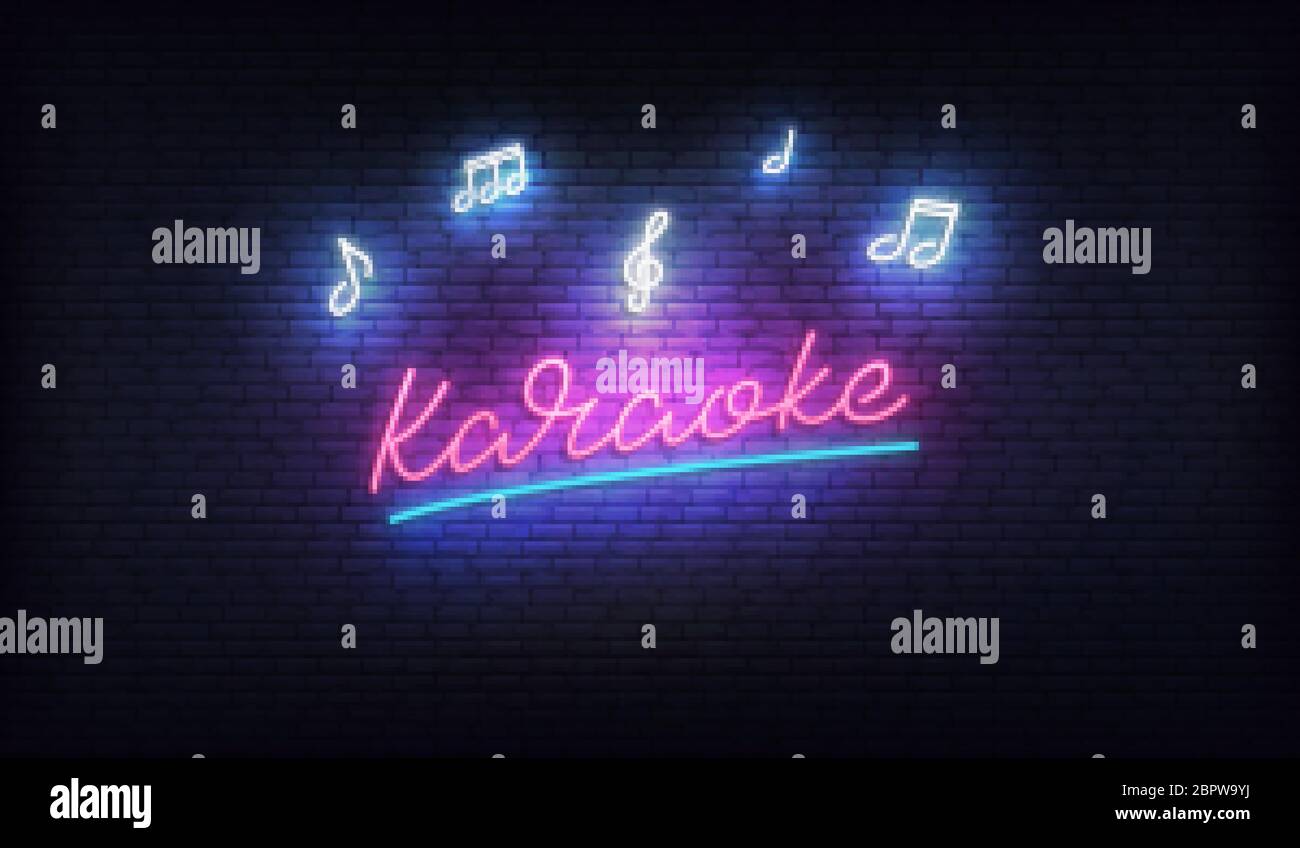 Karaoké néon. Panneau néon avec notes de musique et texte karaoké Illustration de Vecteur