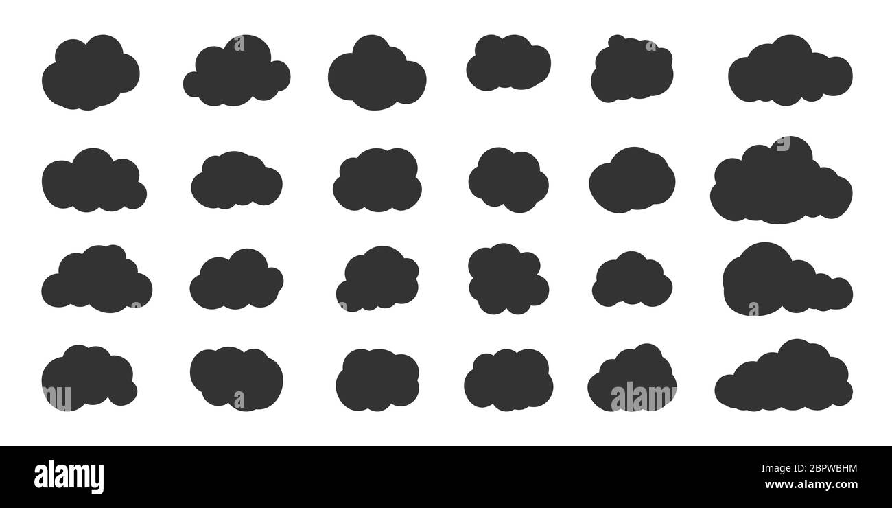Ensemble de nuages noirs. Icône météo abstraite de glyphe, nuage de forme différente. Bulles de bande dessinée, modèle de zone de texte de bulle d'affiche vide. Concevoir le symbole de service web nuageux. Isolé sur une illustration vectorielle blanche Illustration de Vecteur