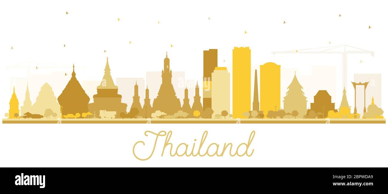 Silhouette de la ville de Thaïlande avec bâtiments dorés isolés sur blanc. Illustration vectorielle. Concept de tourisme avec architecture historique. Illustration de Vecteur
