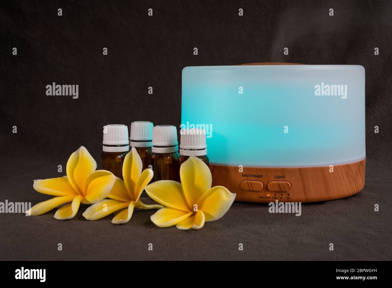 diffuseur d'huile avec fleurs frangipani et petites bouteilles d'huile essentielles en verre Banque D'Images