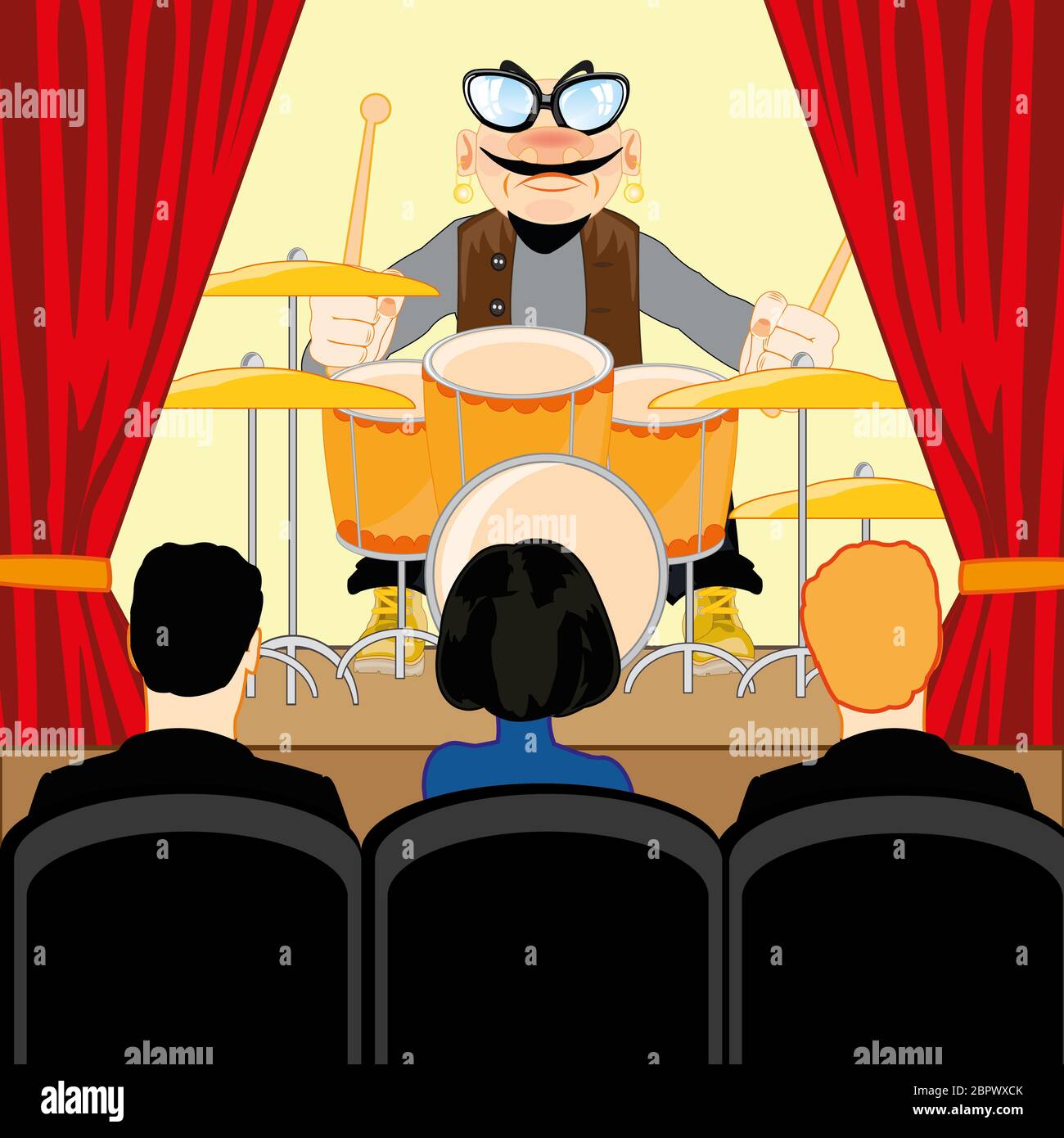 Illustration vectorielle de la salle commune et des spectateurs sur concerto du musicien des instruments à percussion Banque D'Images