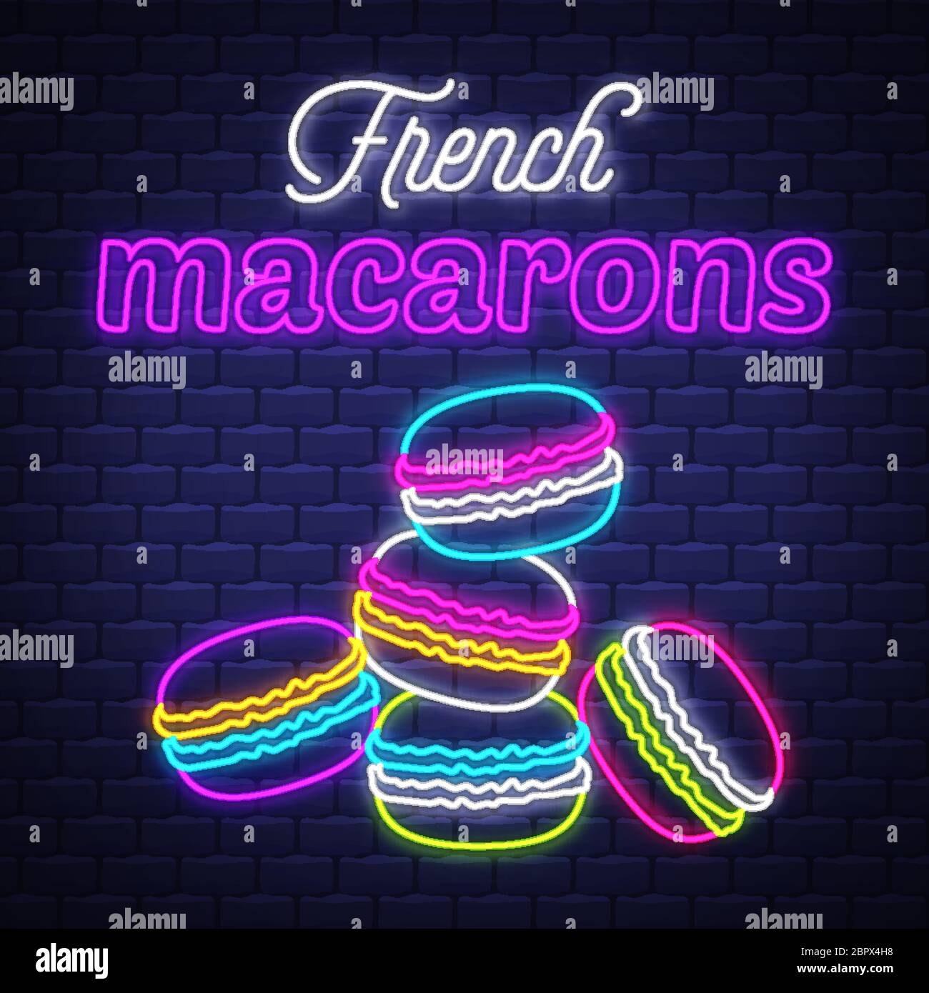 Macarons français - vecteur de signe néon. Macarons français - enseigne néon sur fond de mur de briques, élément design, bannière lumineuse, panneau d'annonce néon, n Illustration de Vecteur