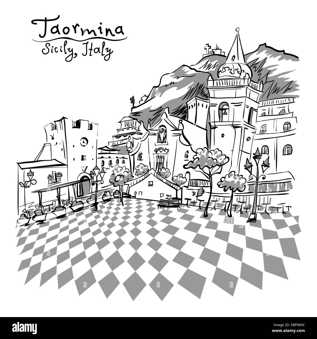 Dessin à la main noir et blanc vectoriel. La place Piazza IX Aprile à Taormina, Sicile, Italie Banque D'Images