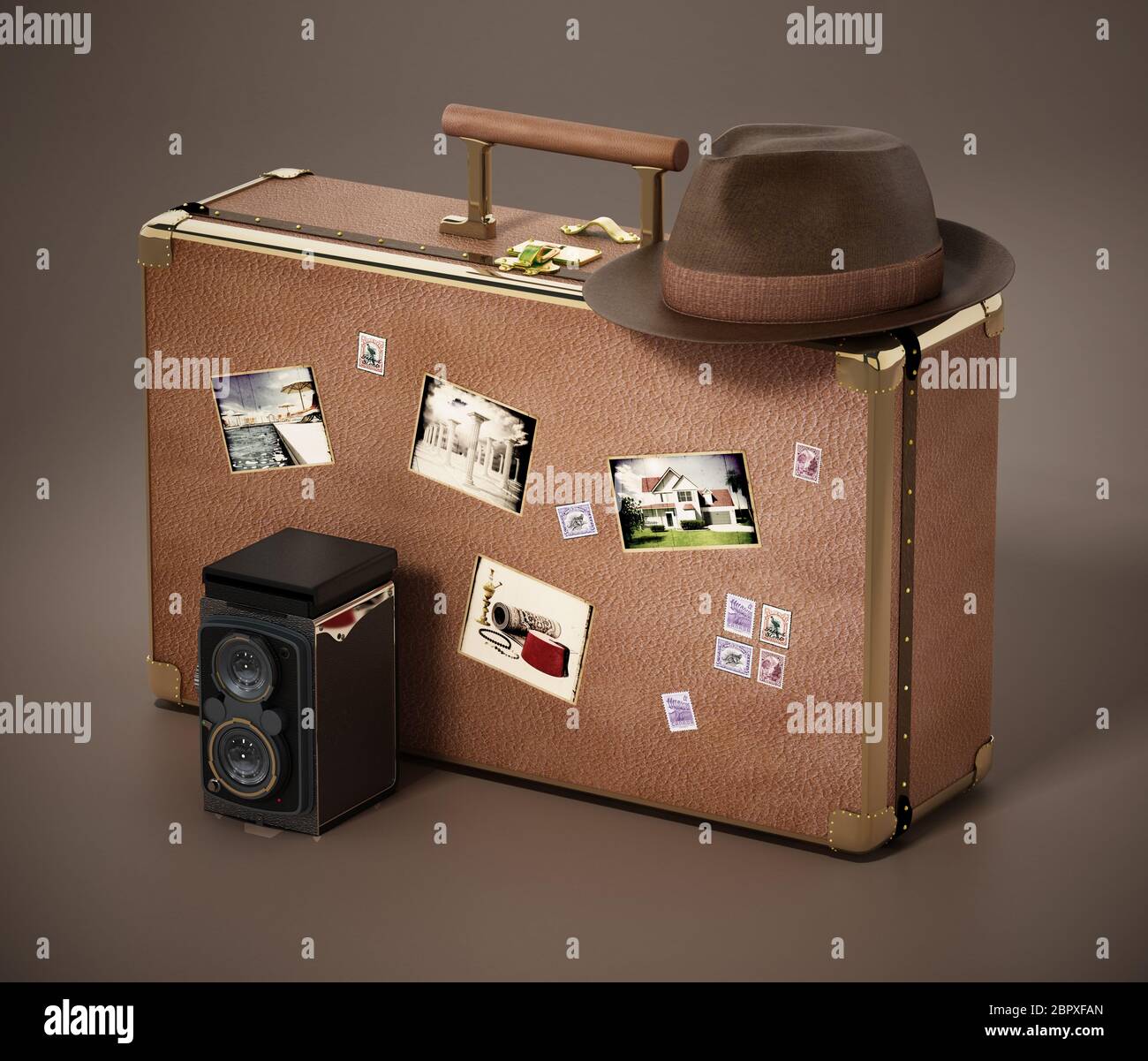 Appareil photo vintage et chapeau sur une valise avec de vieilles photos. Les images sur les photos sont de mon propre portefeuille. Illustration 3D. Banque D'Images