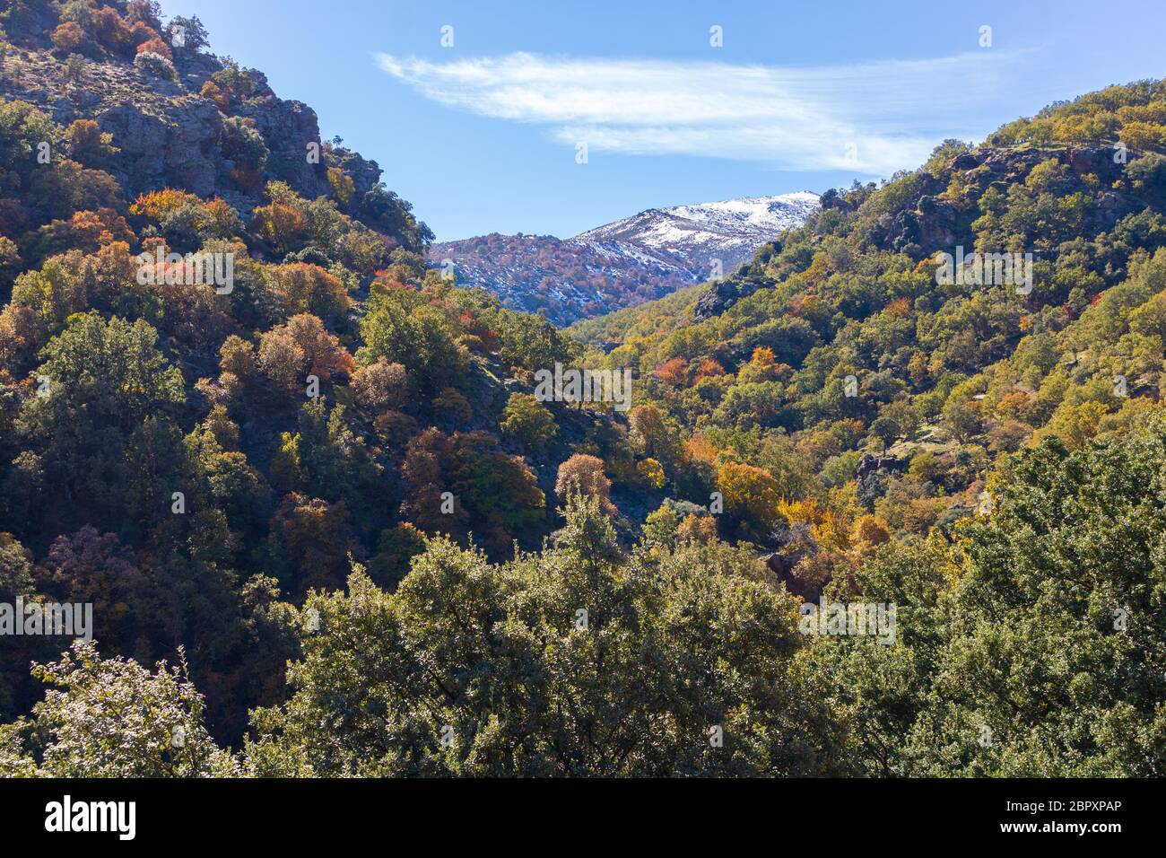 Des montagnes enneigées et une vallée verdoyante. Sierra Nevada, sentier el bosque encantado. Banque D'Images