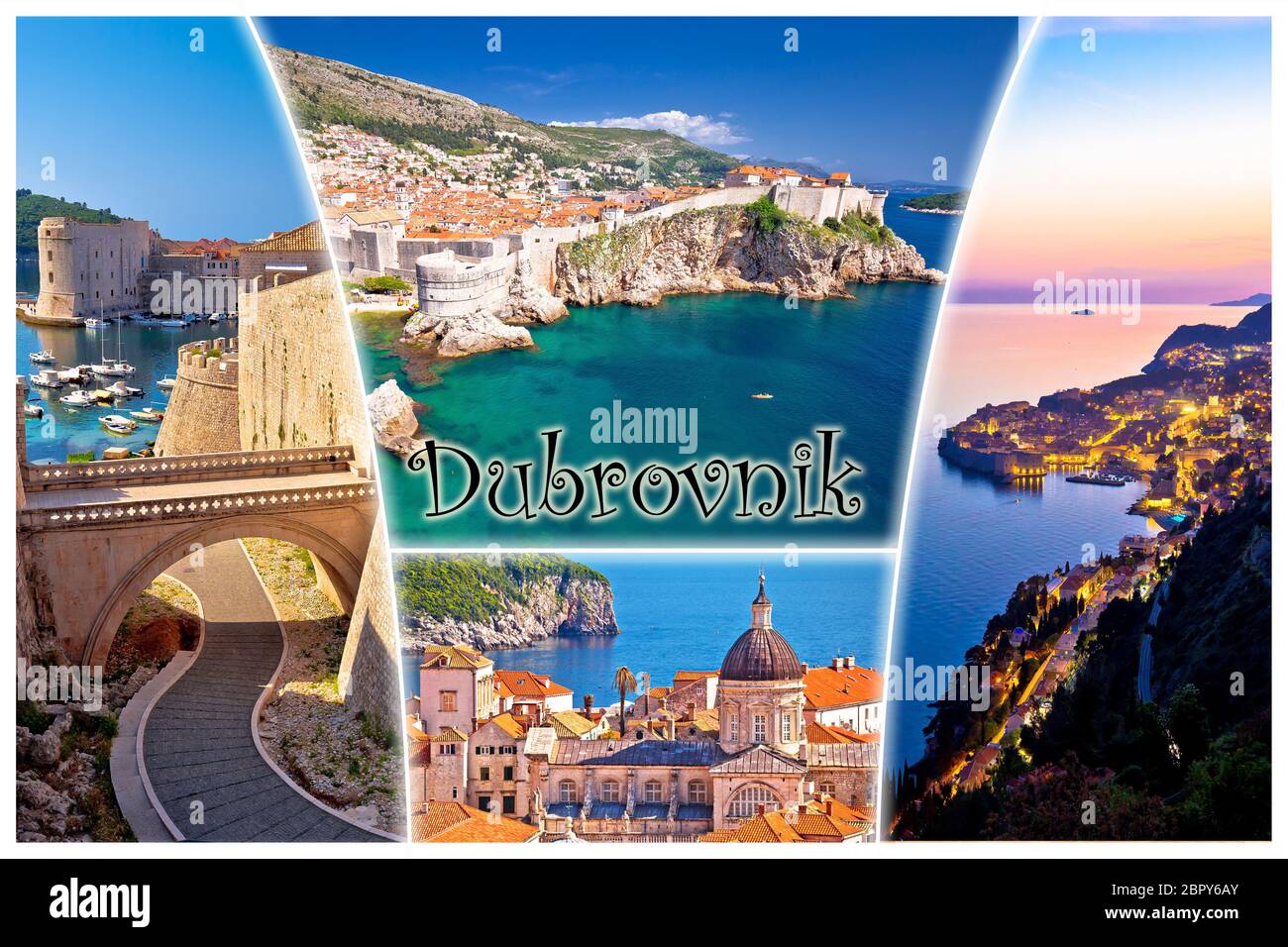 Carte postale Dubrovnik collage avec étiquette, célèbre destination touristique en Dalmatie, Croatie Banque D'Images