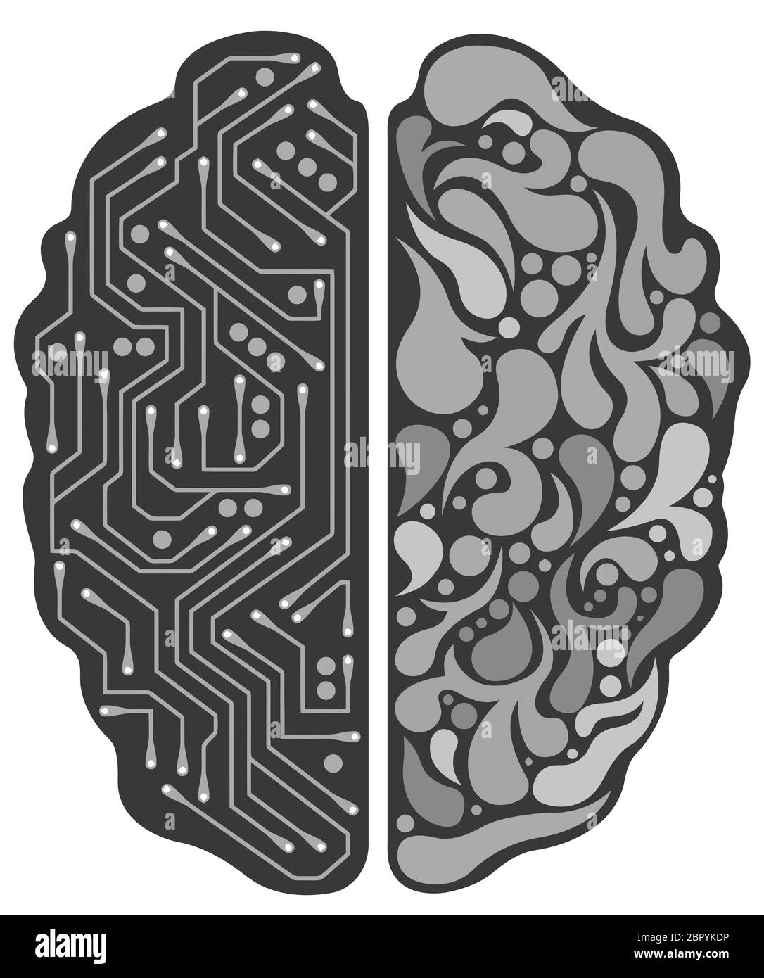 L'esprit de la moitié du cerveau artificiel ordinateur tech cyborg noir blanc illustration Banque D'Images