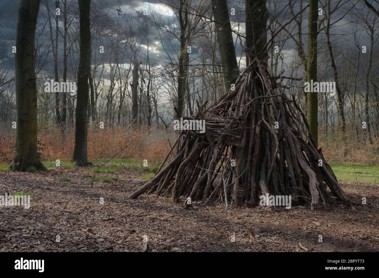 Cabane de branches et de brindilles. Banque D'Images