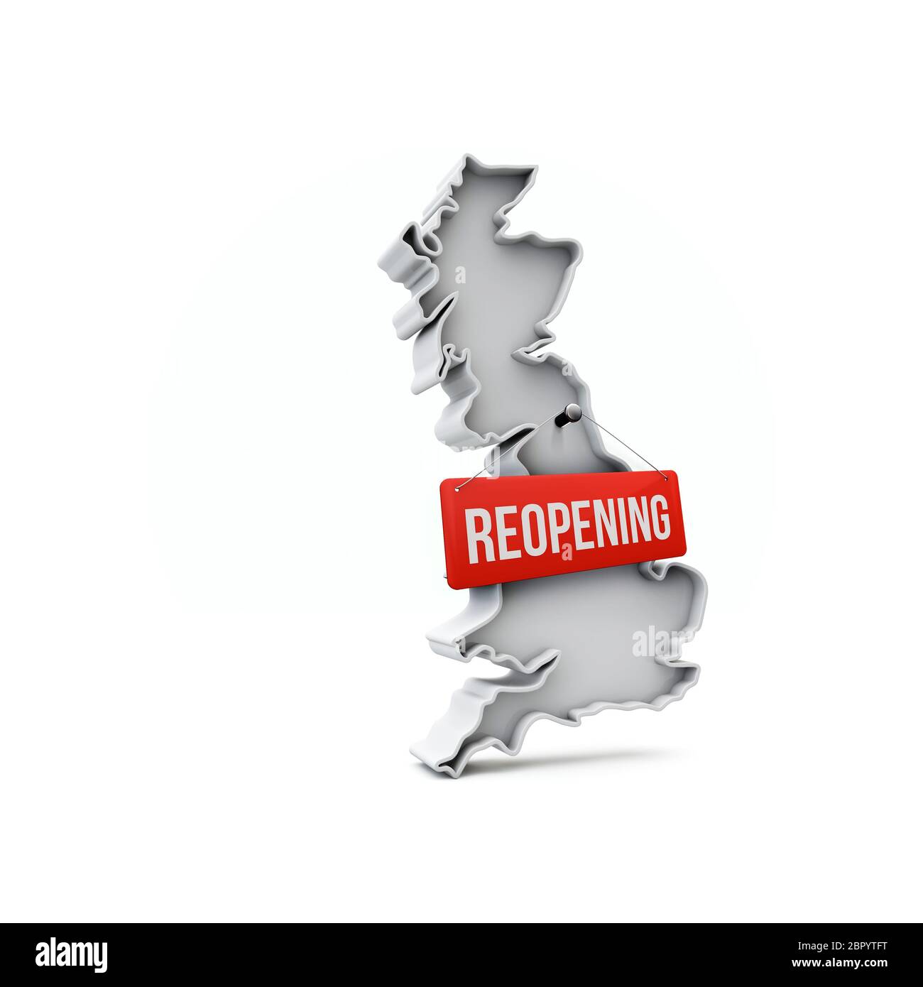Carte du Royaume-Uni avec panneau rouge de réouverture après la quarantaine. Rendu 3D Banque D'Images