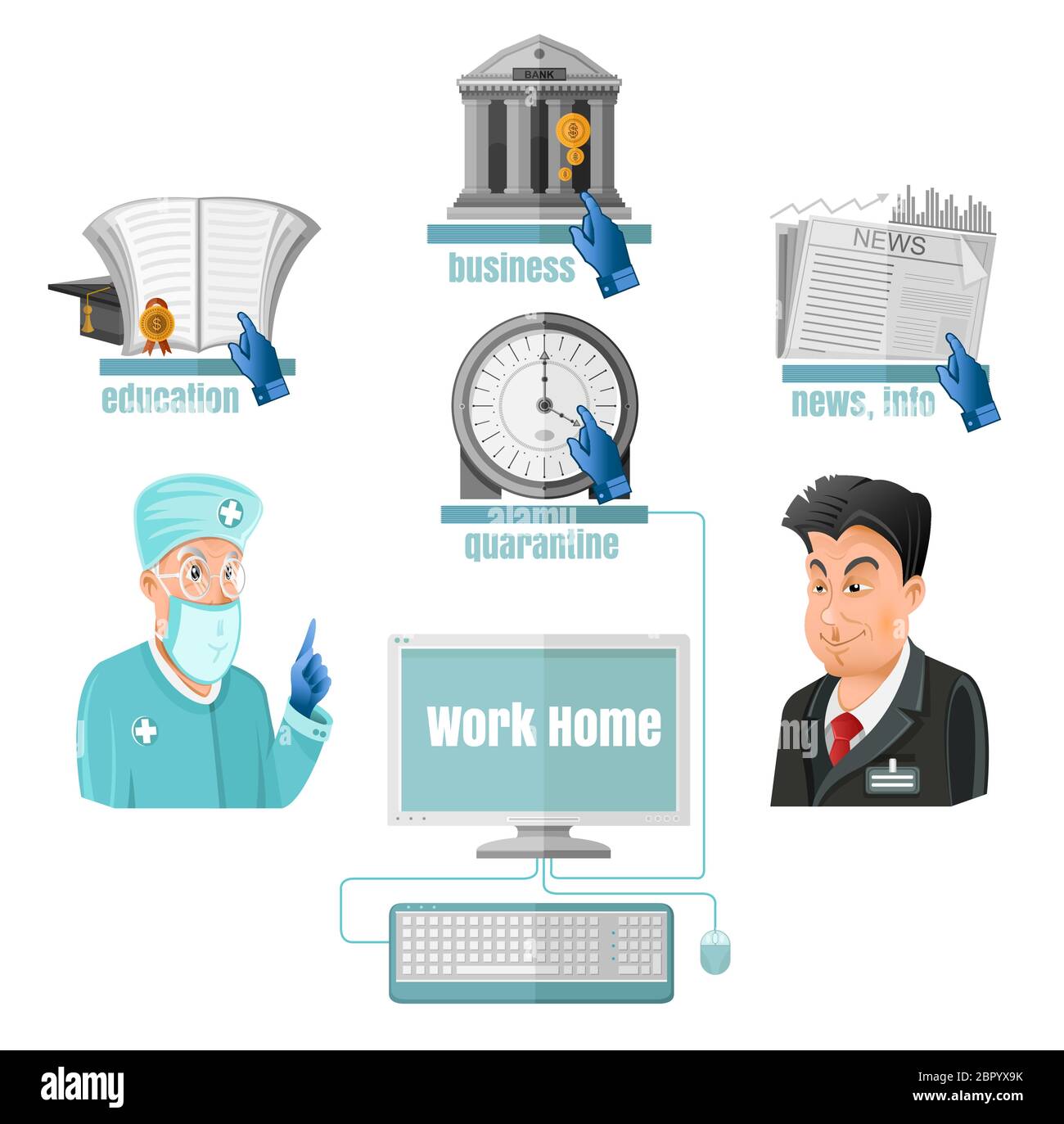 Médecin et homme à côté avec ordinateur joindre avec la banque, les nouvelles, l'éducation et l'horloge. Travail à domicile. Faire des paiements et d'autres affaires avec l'aide d'Internet Illustration de Vecteur