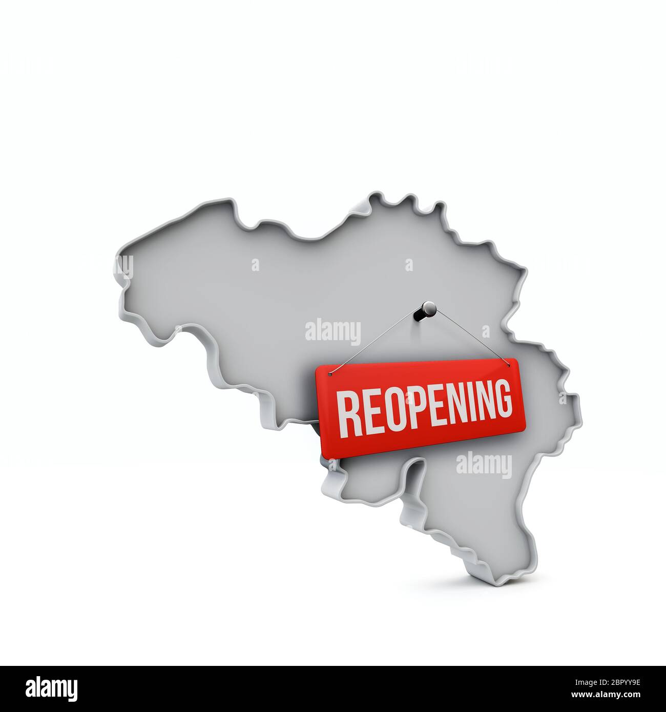 Carte de Belgique avec panneau rouge de réouverture après quarantaine. Rendu 3D Banque D'Images