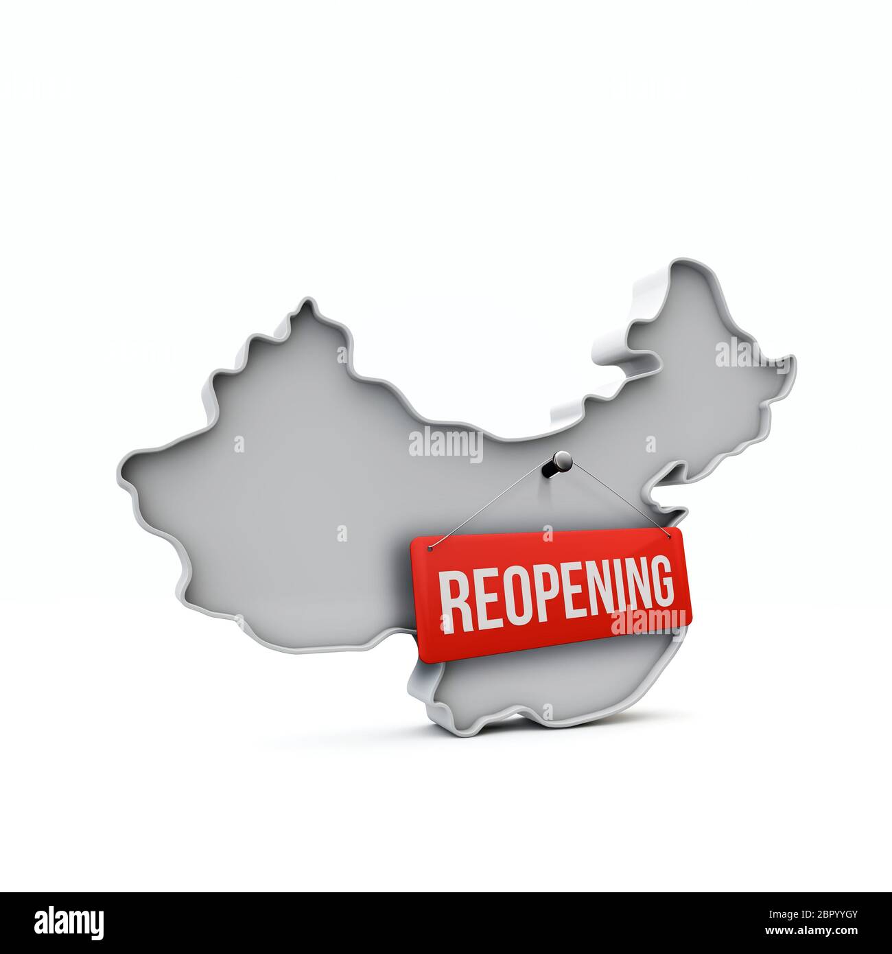 Carte de la Chine avec panneau rouge de réouverture après la quarantaine. Rendu 3D Banque D'Images