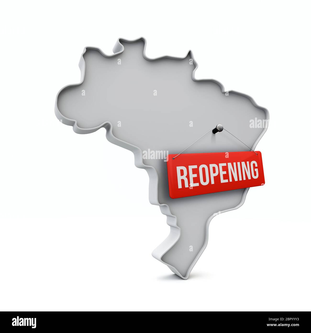 Carte du Brésil avec panneau rouge de réouverture après la quarantaine. Rendu 3D Banque D'Images