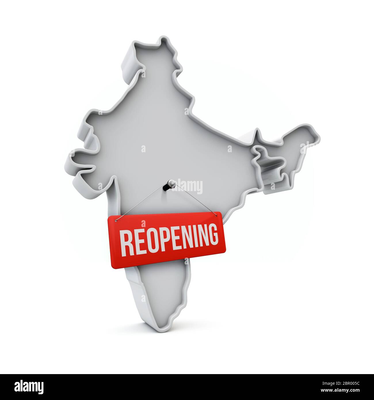 Carte de l'Inde avec panneau rouge de réouverture après la quarantaine. Rendu 3D Banque D'Images