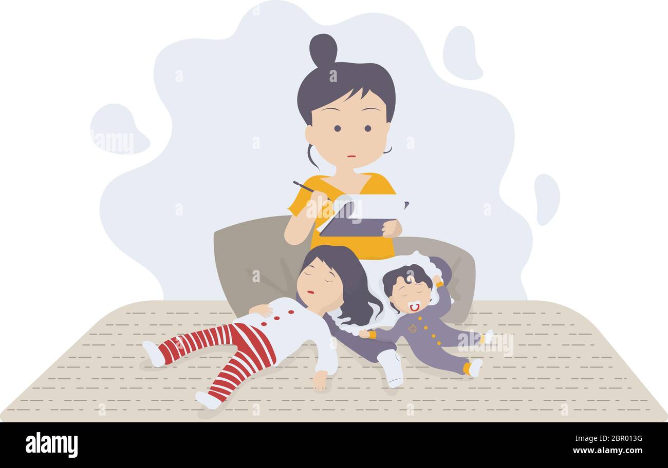 Une maman travaille de la maison avec ses enfants dormant sur ses jambes Illustration de Vecteur