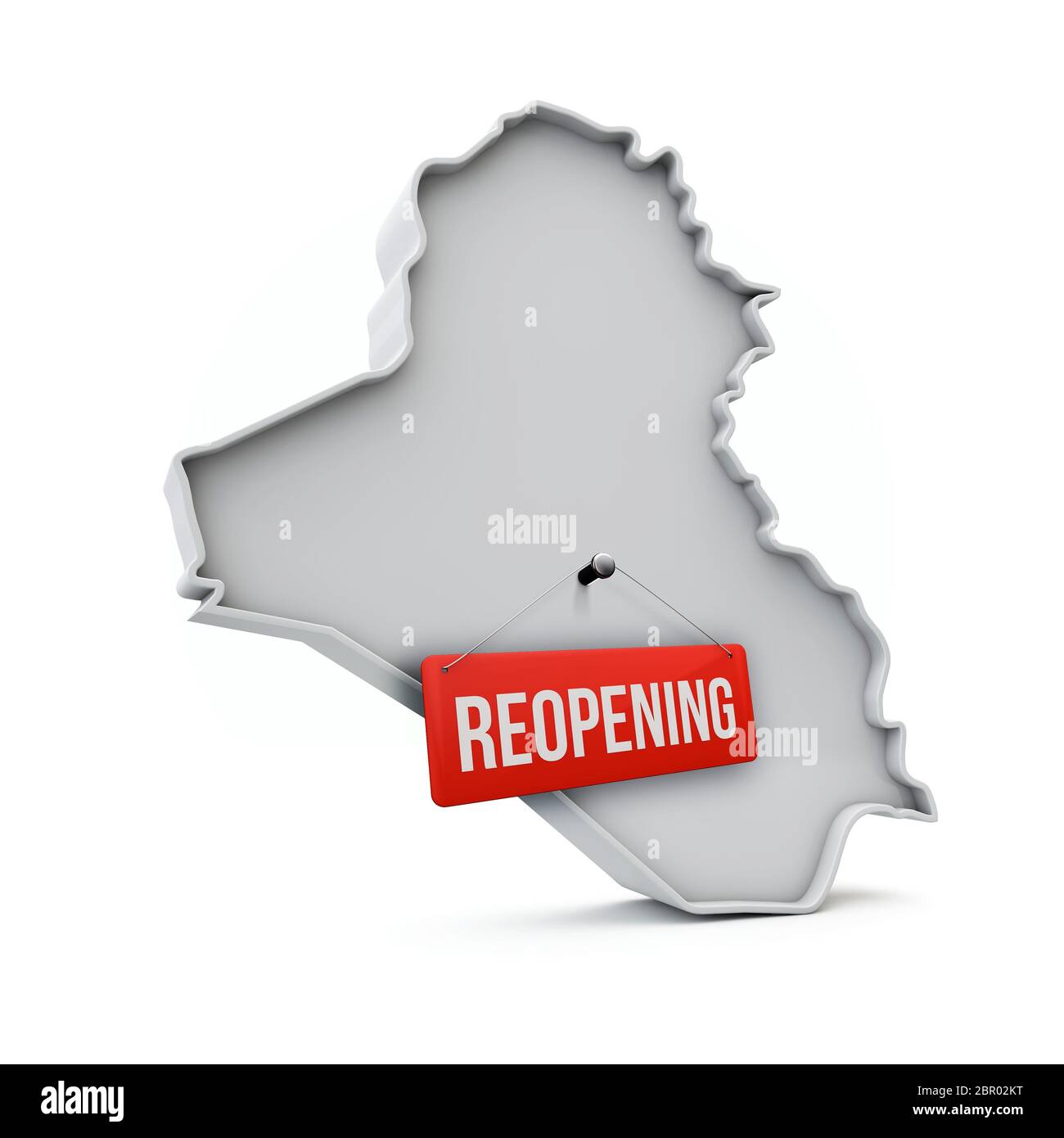 Carte de l'Irak avec panneau rouge de réouverture après la quarantaine. Rendu 3D Banque D'Images