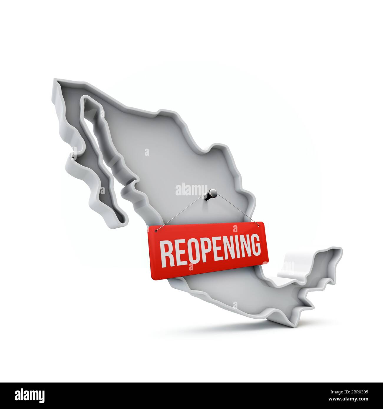 Carte du Mexique avec panneau rouge de réouverture après la quarantaine. Rendu 3D Banque D'Images