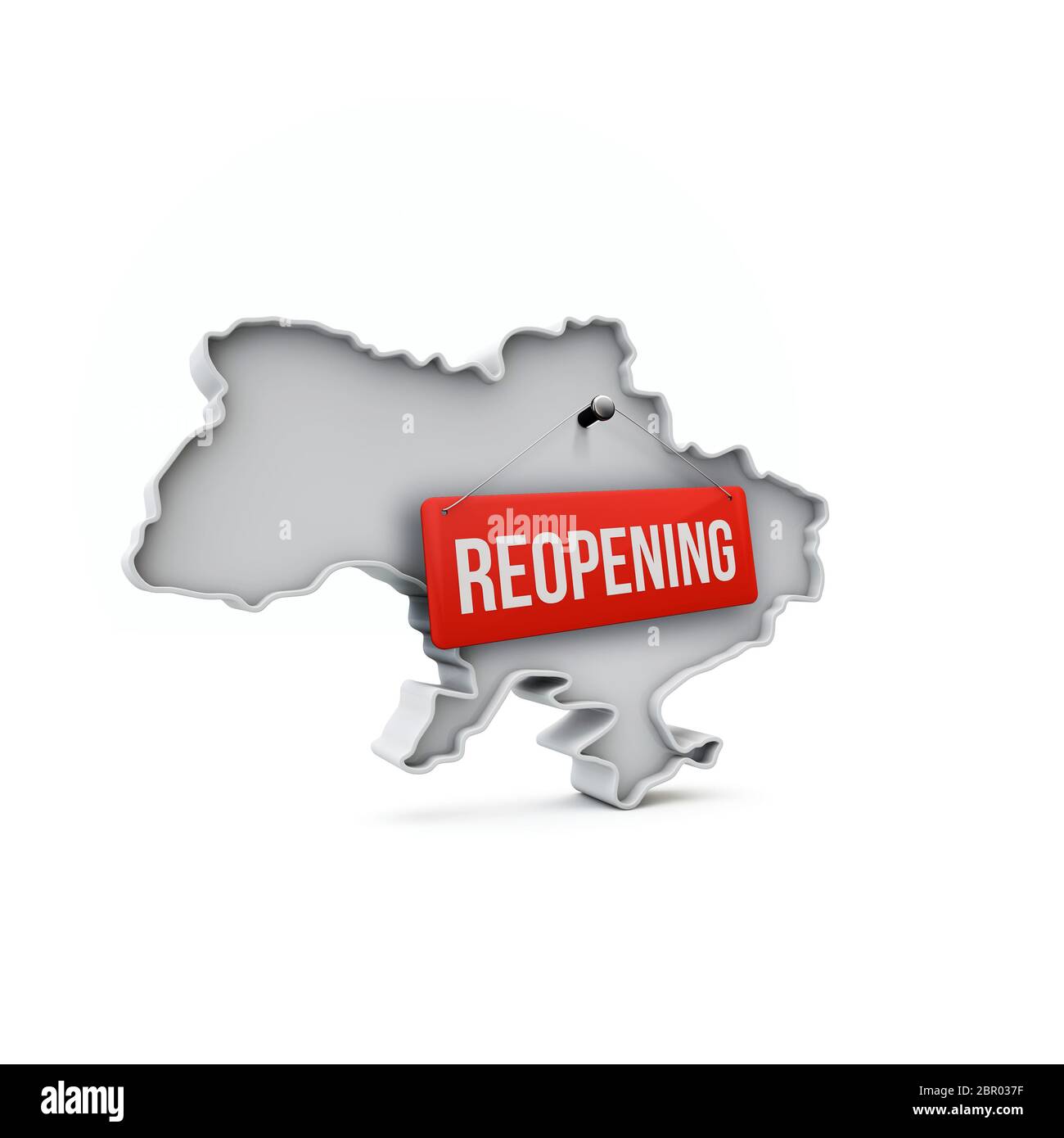 Carte de l'Ukraine avec panneau rouge de réouverture après la quarantaine. Rendu 3D Banque D'Images