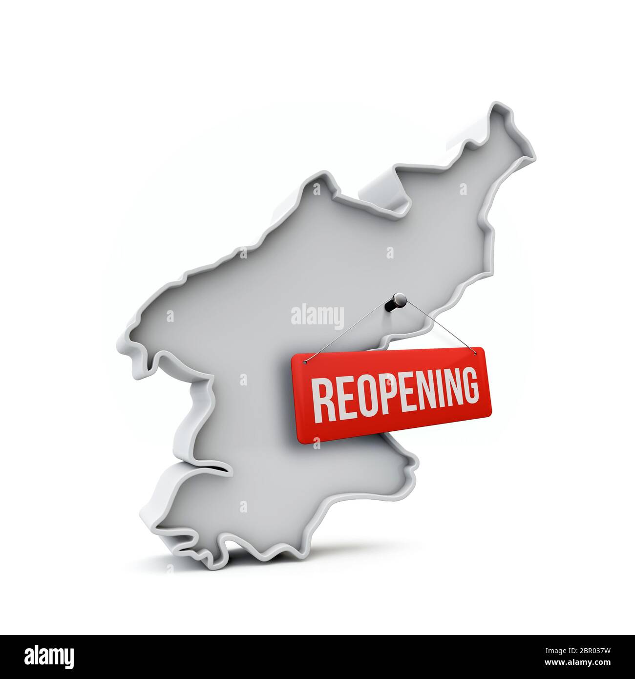 Carte de la Corée du Nord avec panneau rouge de réouverture après la quarantaine. Rendu 3D Banque D'Images