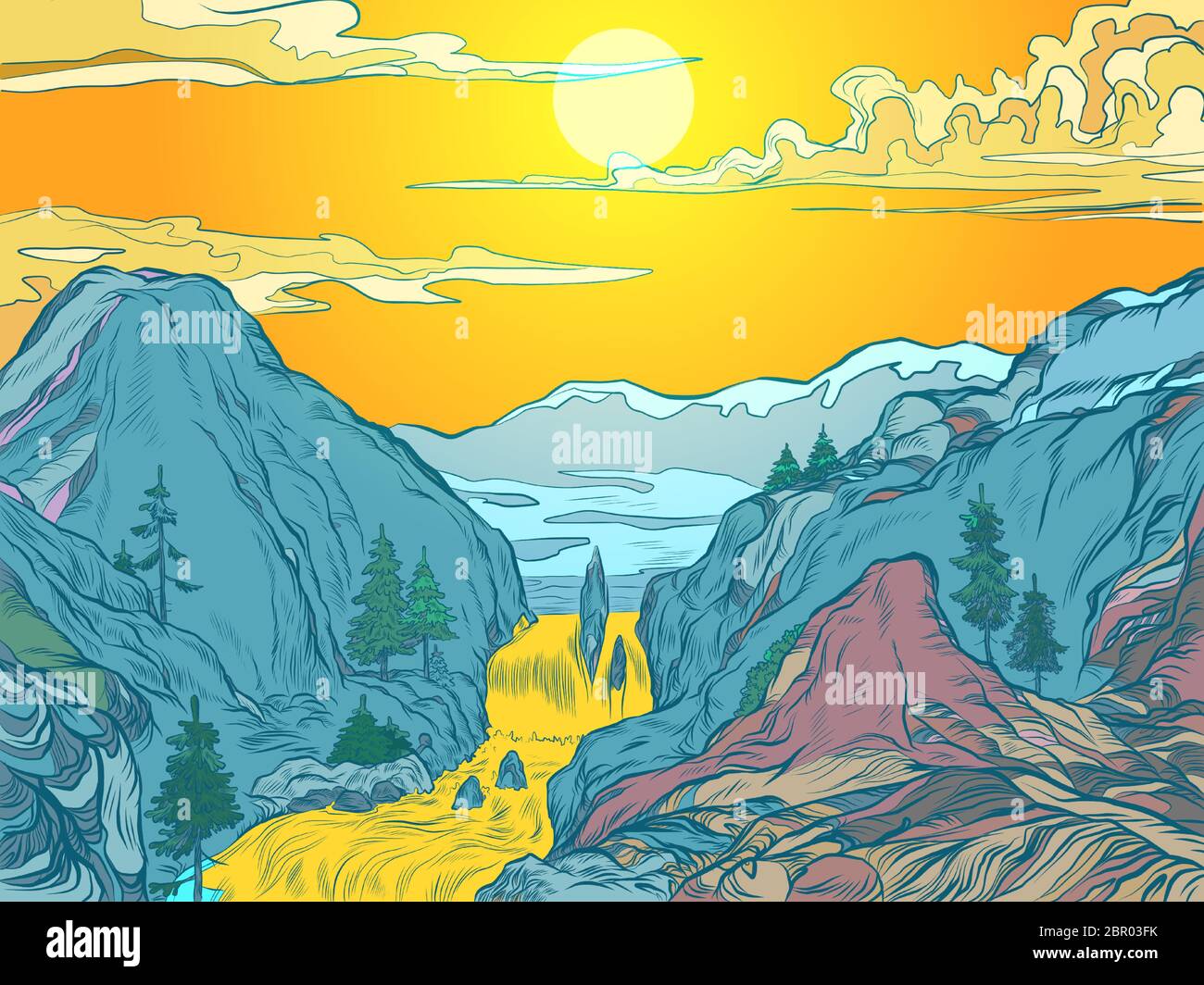 Montagnes soleil rivière montagne station de montagne ou parc naturel Illustration de Vecteur