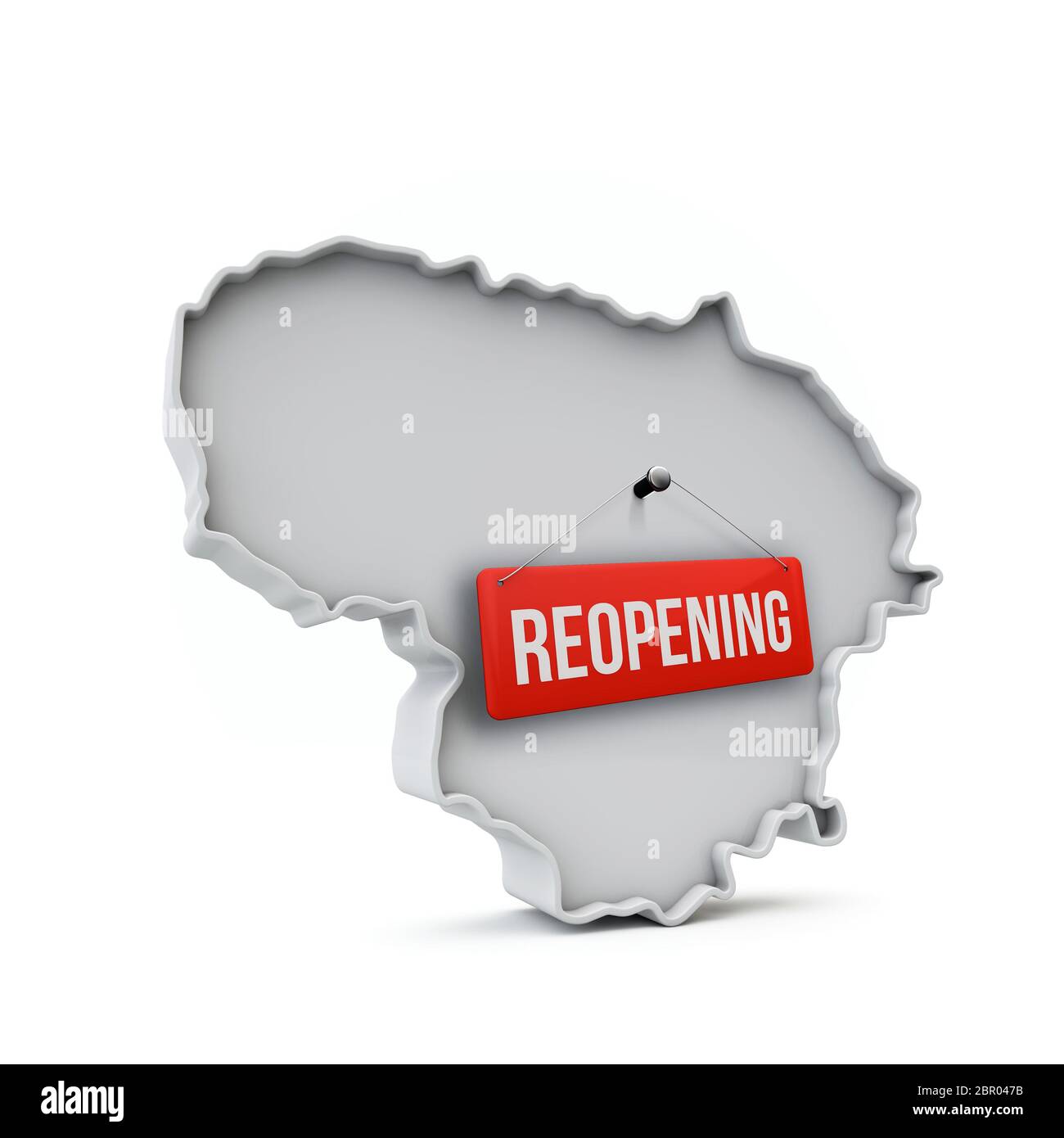 Carte de Lituanie avec panneau rouge de réouverture après quarantaine. Rendu 3D Banque D'Images