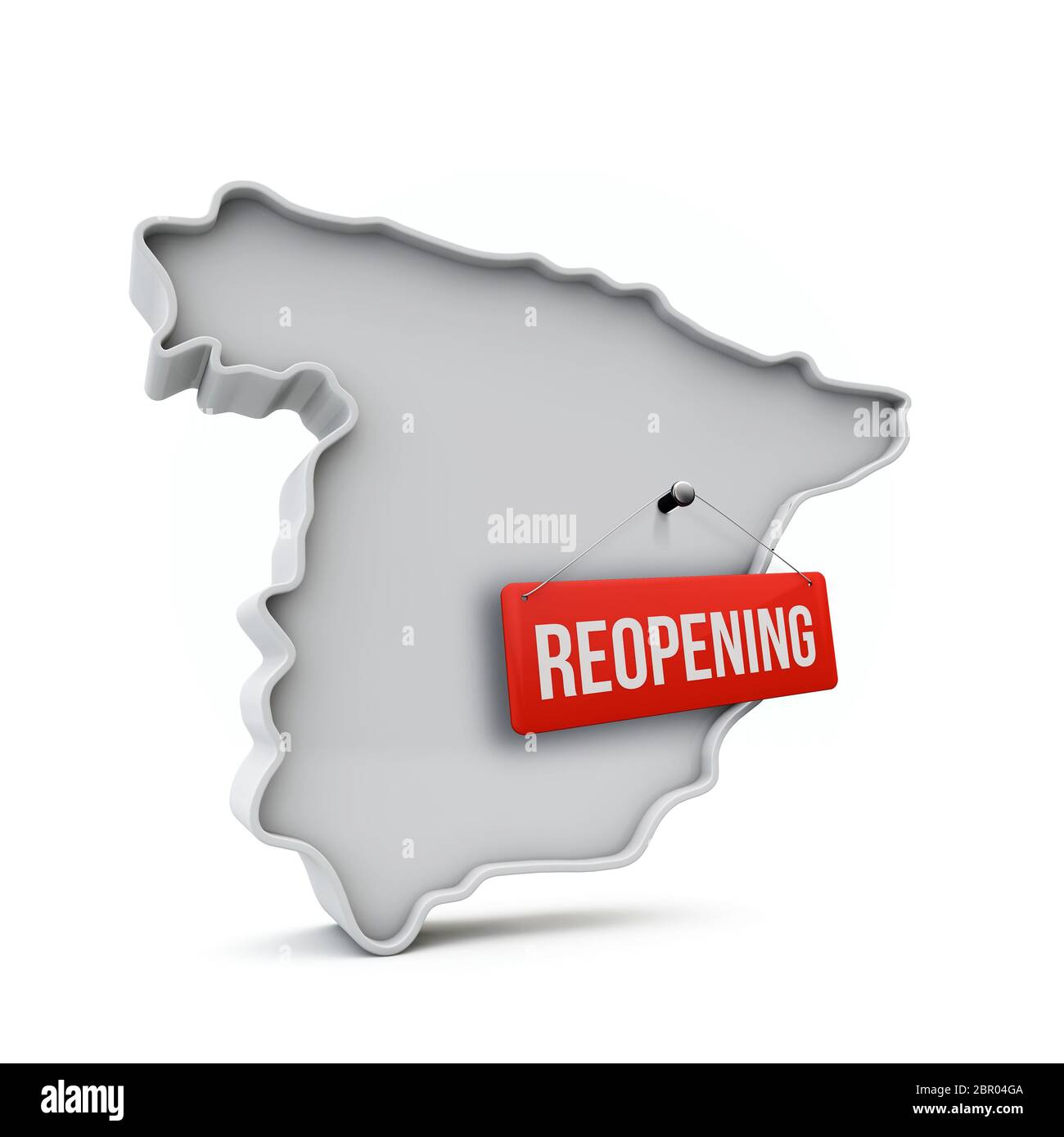 Carte d'Espagne avec panneau rouge de réouverture après quarantaine. Rendu 3D Banque D'Images