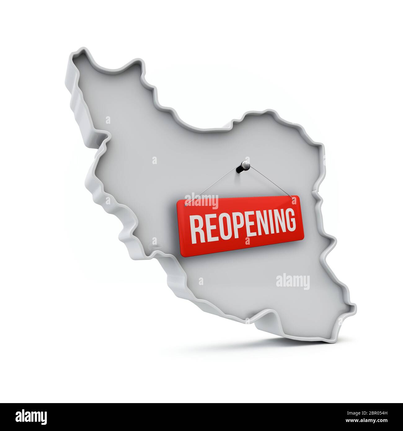 Carte Iran avec panneau rouge de réouverture après quarantaine. Rendu 3D Banque D'Images