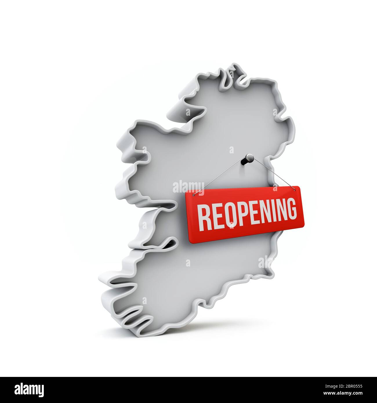 Carte d'Irlande avec panneau rouge de réouverture après quarantaine. Rendu 3D Banque D'Images