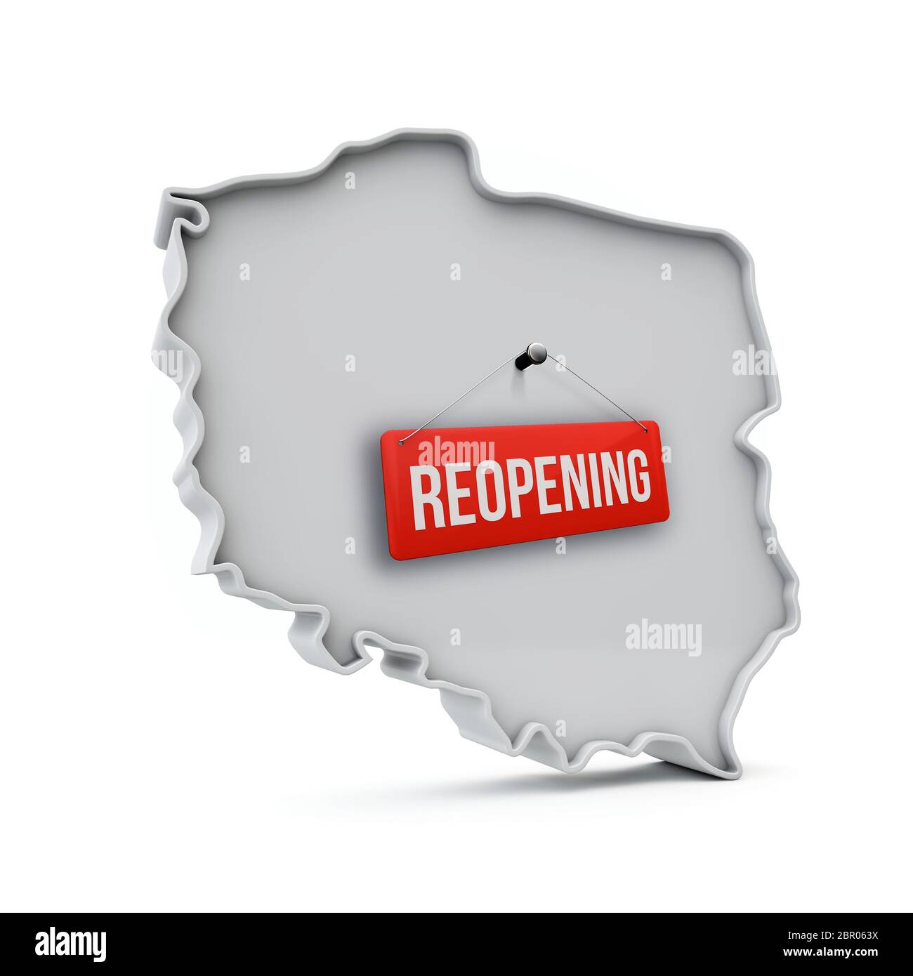 Carte de Pologne avec panneau rouge de réouverture après la quarantaine. Rendu 3D Banque D'Images