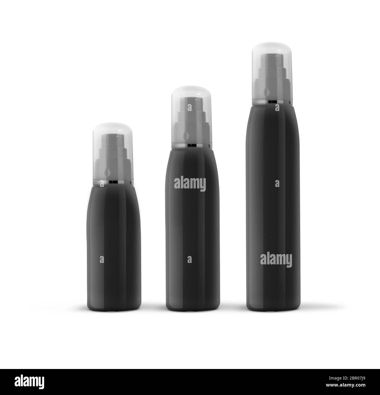 Cosmétique noir spray bouteilles set isolé sur fond blanc Banque D'Images