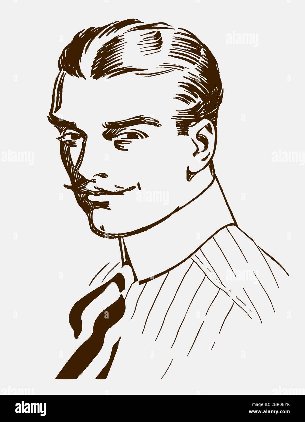 Portrait d'un jeune homme du début du XXe siècle avec vue de trois quarts avant, avec un col ajusté et une cravate rayée Illustration de Vecteur
