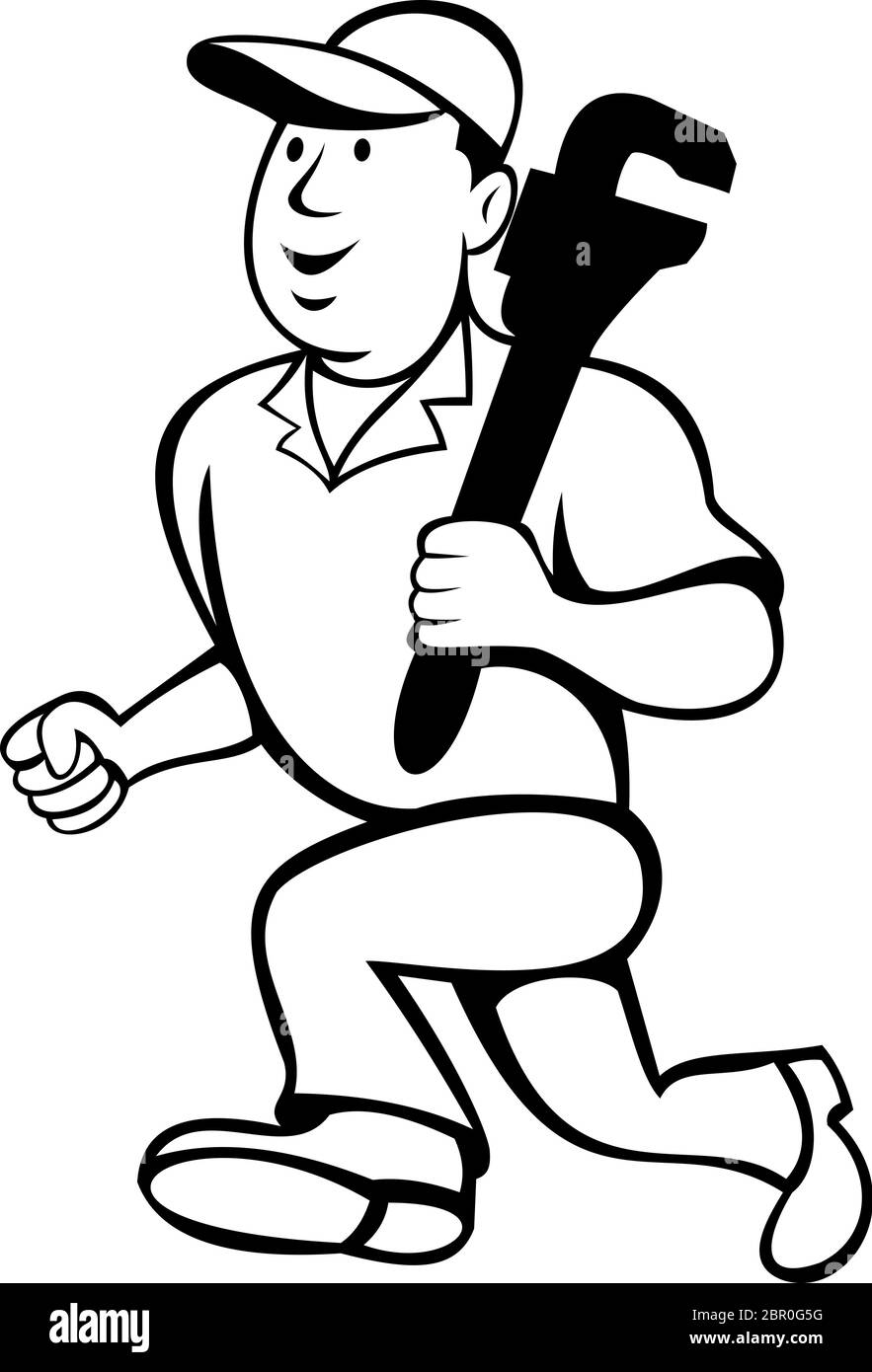 Illustration de style caricature d'un plombier ou d'un homme de main tenant une clé à singe et fonctionnant sur un fond blanc isolé fait en noir et blanc. Illustration de Vecteur