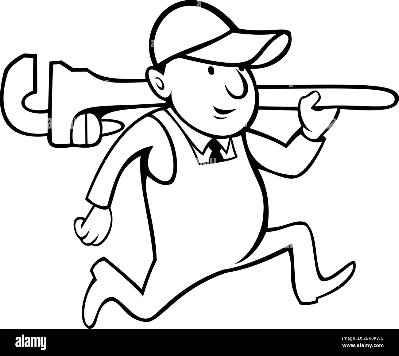 Illustration de style caricature d'un plombier ou d'un homme de main tenant une clé à singe sur fond blanc isolé fait en noir et blanc. Illustration de Vecteur