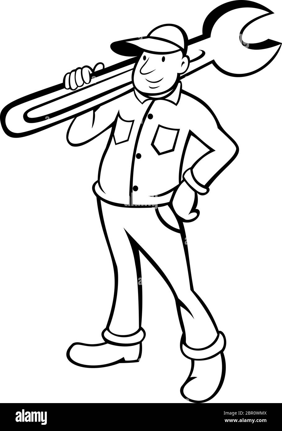Illustration de style caricaturer d'un plombier ou d'un homme de main tenant une clé à pipe sur un fond blanc isolé fait en noir et blanc. Illustration de Vecteur